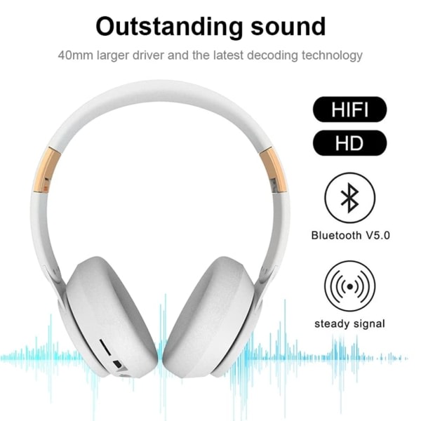 Trådlösa On-Ear-hörlurar Bluetooth 5.0 Headset Vikbart förlustfritt Hi-Fi-ljudstereo med mikrofon - Vit