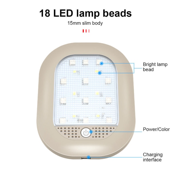 1. svart USB-ladattava LED-auton lukulamppu sisätilojen kattoon yövaloksi, 8 väriä vaihdettavissa
