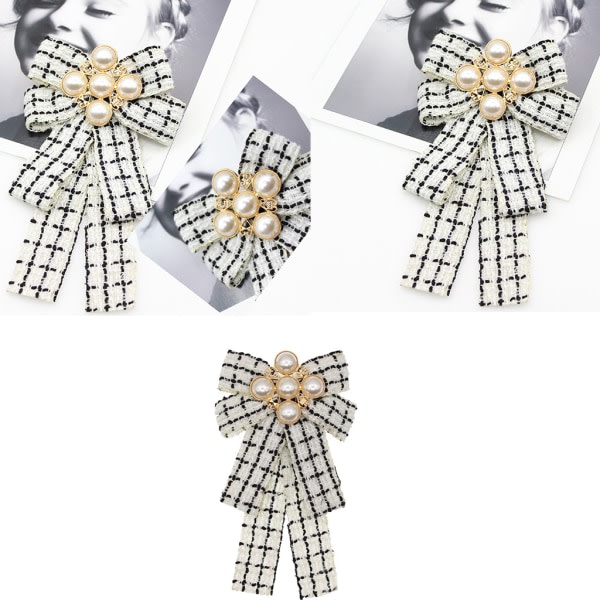 Dam vintage Elegant rutigt randigt print slips slips brosch imiterad pärlkrage band fluga corsage