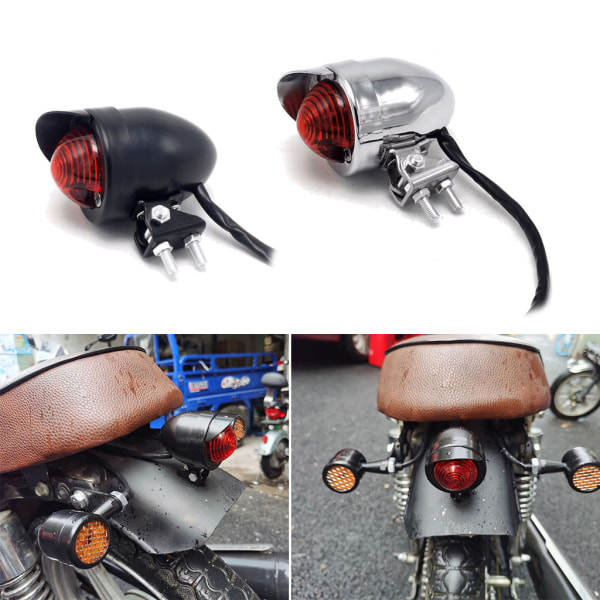 1 Pack Motorcykel Bullet Bakljus med Licensskylt Röd Stopp Bakljus Vattentät Metall Plast Retro Bakljus Silver