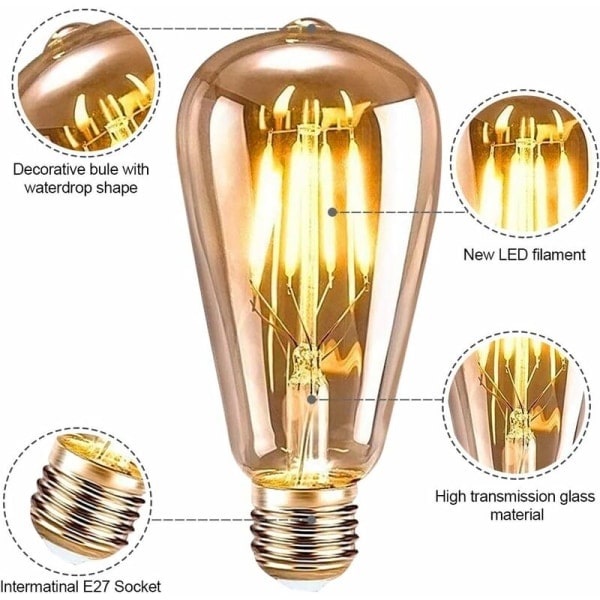 6 st 2700K varmvita ST64 glödlampor bruna 4W retro volfram glödlampor Edison bubbla E27 glödlampor ST64 antika volfram glödlampor