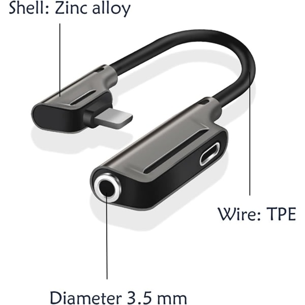 Adapter for iPhone-hodetelefoner, Adapter for Iphone-uttak, 2 i 1 Dual Jack-adapter Kompatibel med XS/XR/X/8/7/Pad for alle iOS (svart)