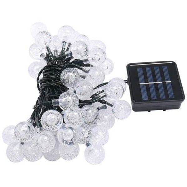 LED solgarland 30 bollar (6,50 m) - mørkegrøn tråd, sort batteri og solopladning, genomskinlig bolle, varm vit-svart
