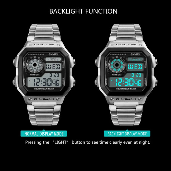 SKMEI Sports ruostumattomasta teräksestä valmistettu kello 5ATM vedenpitävä digitaalinen taustavalo kello Relogio Musculino Chronograph