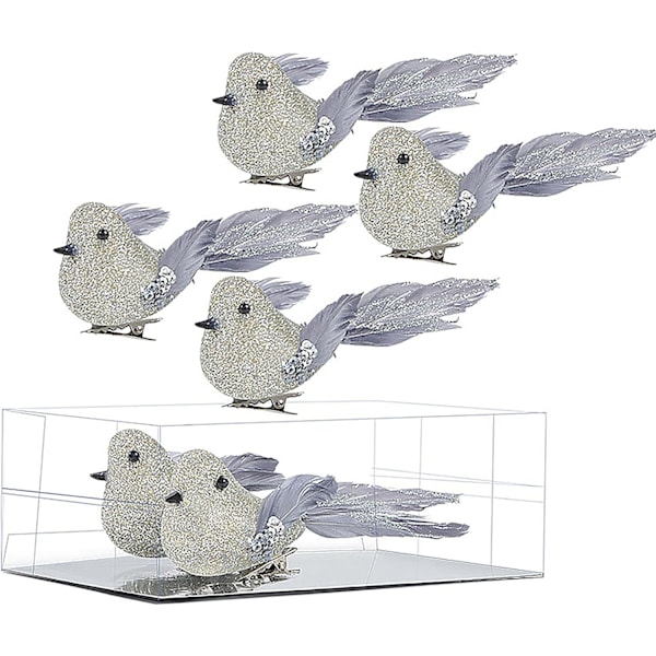 5.5 IN Xmas White Birds, Glitter Artificial Birds with Clips for Crafts and Decorations (6/12 pcs)