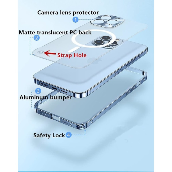 Magnetfodral för iPhone 14 Pro Max Fodral Kompatibel med Magsafe Metall Aluminiumlegering Stötfångare Matt Genomskinlig baksida med kameralinsskydd A