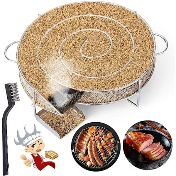 Rund snigelformad rökgeneratorbricka i rostfritt stål för kolgrill utomhusgrill