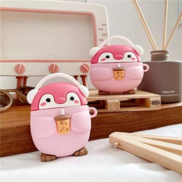 Söt Kawaii håller mjölktekopp och njuter av musik Headset Penguin case för AirPods 1/2, mjukt gummisilikon - rosa