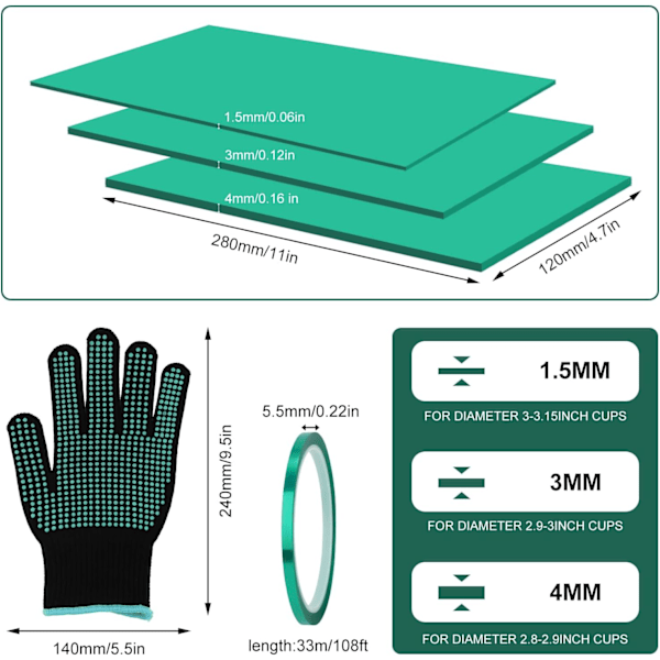 3 kpl silikonimukiholkin sublimaatio, silikonisublimaatiomukiholkit 3 paksuudessa lämmönkestävällä teipillä ja hansikkaayhteensopivalla (vihreä)
