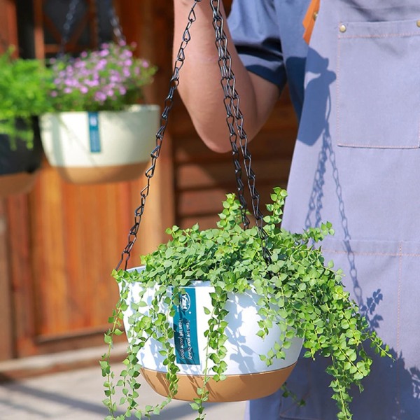 Automatisk vattenuppsugande blomkruka, modern hängande korg med kontrastfärg, krukor för trädgård och inomhusväxter, balkongfäste white