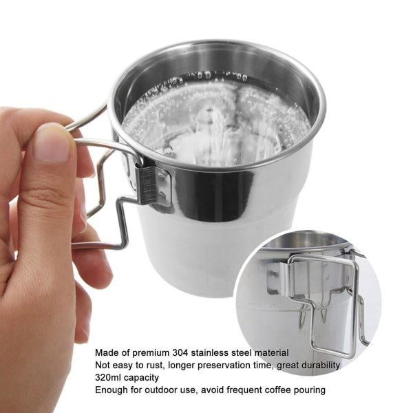 Utomhuscampingmugg 320 ml Bärbar kaffemugg i rostfritt stål med hopfällbart handtag för vandring