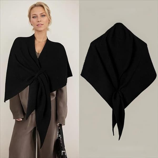 Stickad damsjal - Triangulär sjal - Triangulär sjalcape - Halsduk - Ytterkläder - Varm - Mjuk - Elegant och enkel - Svart
