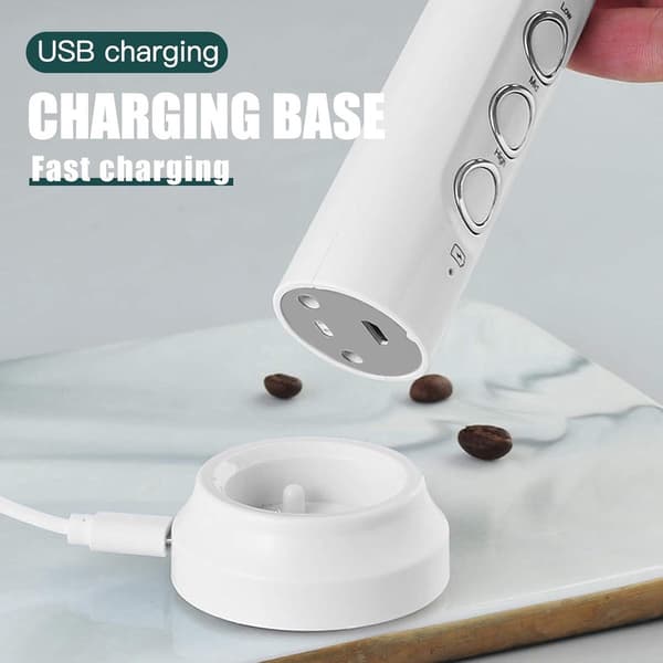 Elektrisk mælkeskummer, USB genopladelig 3-hastighed med 3 tilbehør og piskeris i rustfrit stål til kaffe, latte, sort