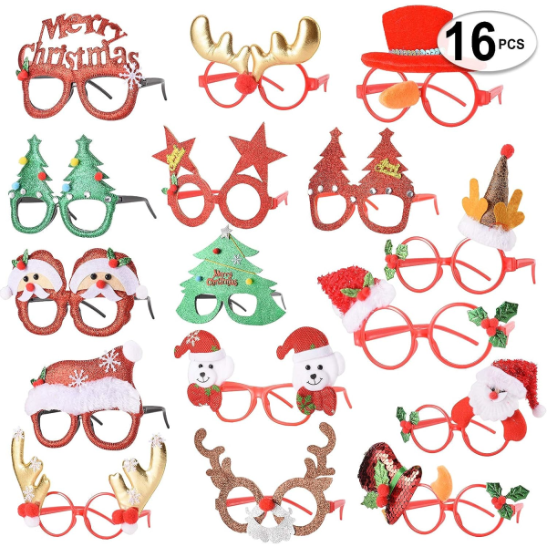 16 stycken julglasögon, söta julglasögonbågar, flexibla för att passa olika storlekar, mycket roligt och festligt