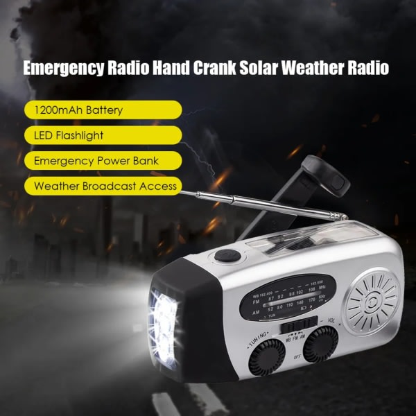 Nöd solhandvev 1200mAh AM FM NOAA väderradio LED-ljus USB-laddare utomhus