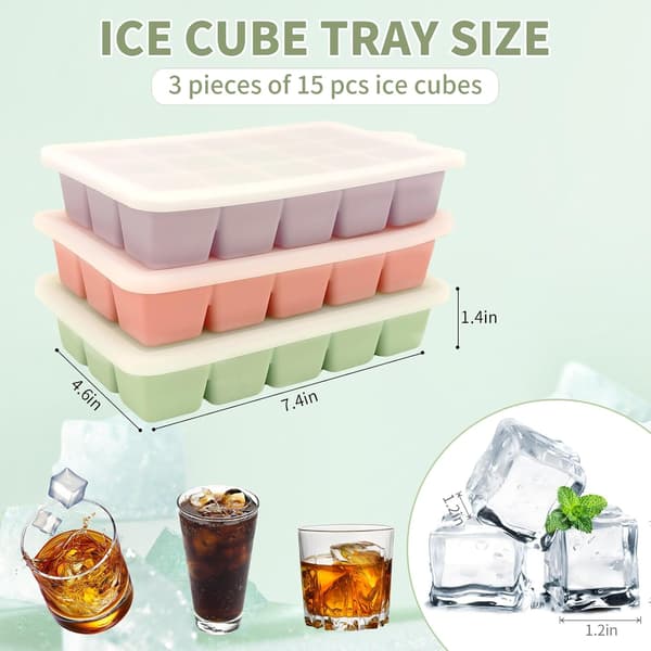 3 Pcs Silicone Ice Cube Trays, Square Ice Cube Tray with Lid, Reusable Ice Cube Molds for DIY Cold Drinks. (Small Ice Cubes, Quantity, 15)