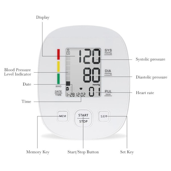 Digital Blodtrycksmätare med Justerbar Manschett 22-42 cm, Puls & 180 Minnesplatser