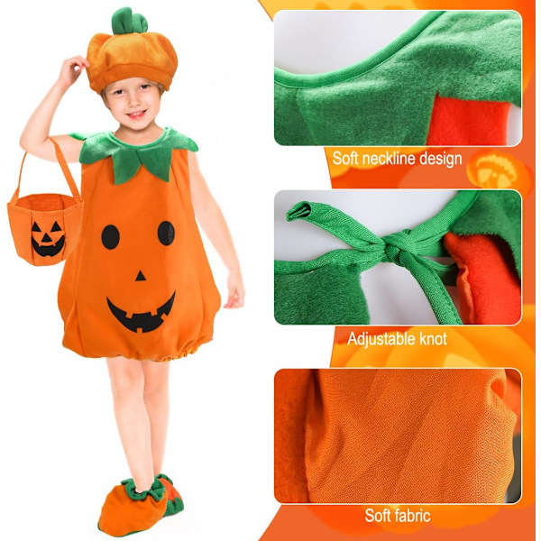 Baby Græskar Kostume - Halloween Outfit med Hat og Taske til Børn 85-90 cm S Pumpkin-90 cm