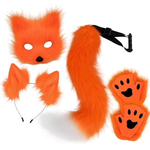 Rävsvans & Öron Set med Kattassar Handskar, Orange Halloween Cosplay Kostymtillbehör orange