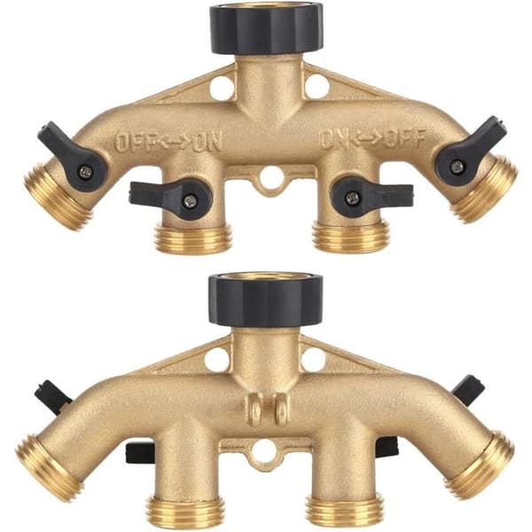Solid messing 4-veis slangesplitter med stengeventiler, kran og 3/4\" uttak, kan bruke opptil 4 slanger samtidig.