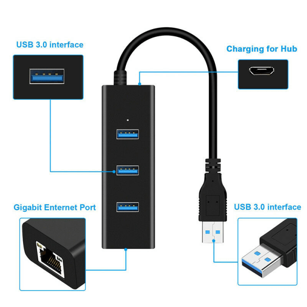 3-portars USB 3.0 Gigabit Ethernet Lan RJ45 nätverksadapterhubb