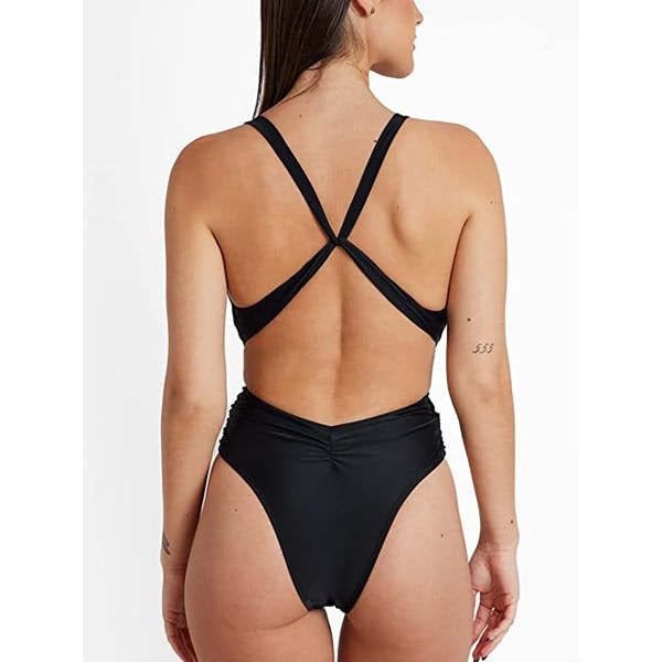 CDQ Dam V-ringad Högbenad Monokini Baddräkt Svart LCDQ