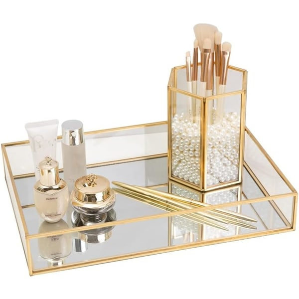 Guld spejlbakke Parfumevisning Smykkearrangør Makeupbakke Serveringsbakker Smuk kunstdekoration Spejlbakke Badeværelsesbakker (guld, 20*14*3,5 cm)