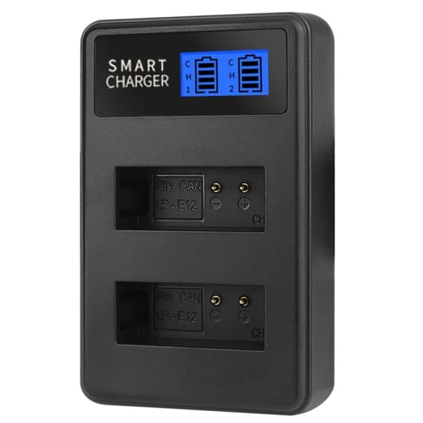LP E12 Batterilader LCD Display, Dobbelt USB Opladning til Canon EOS M, EOS M2