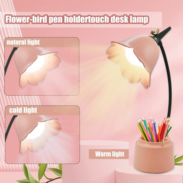 1:a LED-skrivebordslampe for barn, leselampe med penneholder, dimbar, blå
