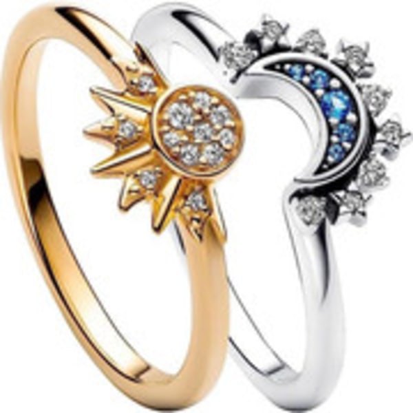 2 Celestial Sun and Moon Overlay Ring，Sol och Moon Shining Together Design Feel Layer Damring，Diamant Set Open Ring