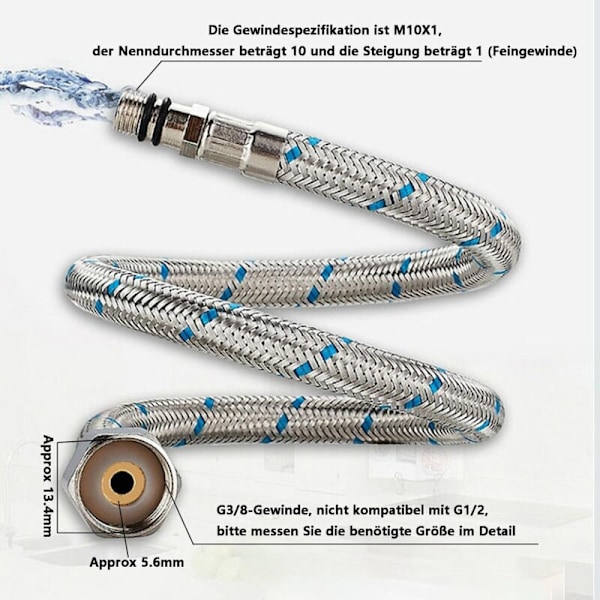Rostfri Stålomspunnen Vattenslang 80cm, G3/8 x M10, 2 Stycken med Tätningstejp för Köksblandare