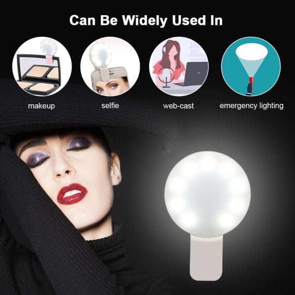 Mini selfie ringlampe genopladelig selfie LED kameralampe og 3 lysstyrke makeuplampering