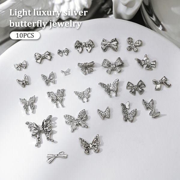 10. DIY Nail Art Dekoration 3D Sølv Butterfly Shiny Rhinest I 10 stk. I 10Pcs