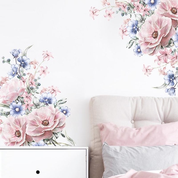 2 stk. Blomsterpæoner vægoverføringsbilleder, lyserøde blå pæoner Lyserøde buket blomster Aftagelig skræl og pind vægoverføringsbilleder, DIY Vintage