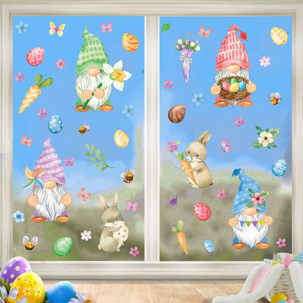 Happy Easter Vindu Dekal Gnome Kanin Egg Vegg Dekal Statisk Glass Dekaler Selvklebende Kjøleskap Klistremerker null - C