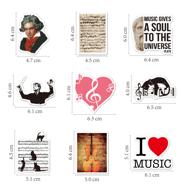 Musikstickers 50 Beethoven Bach Mozart Musikinstrumenter Guitar Piano Kandekopdækning Klassisk Musikstickers B