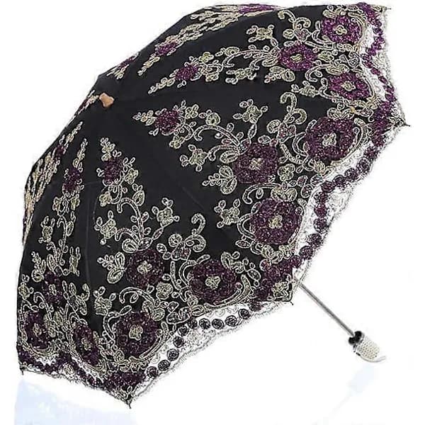 Vikbart UV-skyddsparaply med 3D-broderi för bröllop, sol, regn och snö, svart 100 cm Black