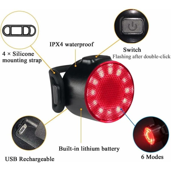Cykelljus, vattentät LED-bakljus med 6 ljusstyrkalägen, USB uppladdningsbart säkerhetsljus, säkerhetsljus för mountainbike eller nattcykel