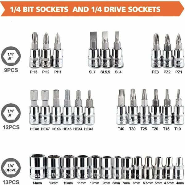 46 Dele Topnøglesæt Krom Vanadium 1/4\" Adapter Sæt Topnøglekasse til Bil DIY