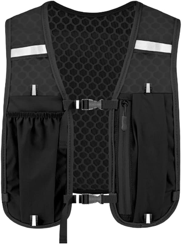 Løbehydreringsvest, polyester med 7 lommer og reflekterende striber til mænd og kvinder, trailløb, 33B x 40H cm, sort