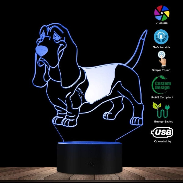 Basset Hound 3D Optisk Illusion Natlampe USB Hundedyr