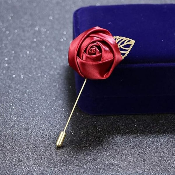 Lapel pin for menn, 6-pakning lange brosjenåler Satin Flower Boutonniere Håndlaget Mini Rose Lapel Pin med bladgull for menn Dress Bryllup Brudgom 6 farger