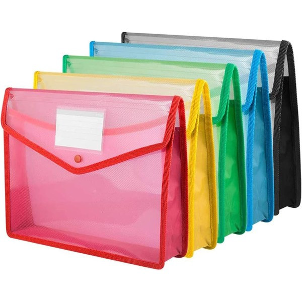 5 stk. plastlommebøger, A4 gennemsigtig Popper-lommebog med stor kapacitet dokumentmappe lommer filkuvert med trykknap og lomme til skolekontor hjem