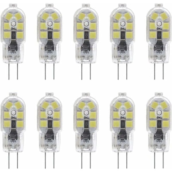 10 kpl G4 2W LED-lamppuja, 12V AC/DC, vastaa 20W halogeenia, 200LM, Bi-Pin, kirkas PVC, 6000K viileä valkoinen