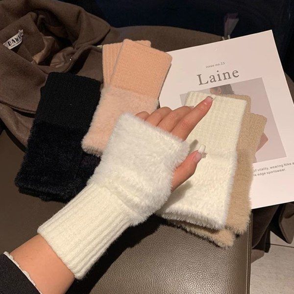 Mjuka plyschvantar för vinter, halvfingerhandskar för damer, stickade fingerlösa handskar, rosa, onesize Pink onesize