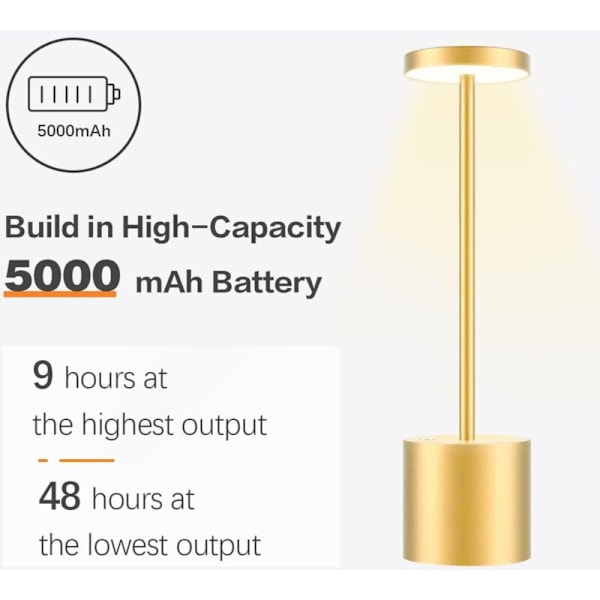 3600mAh Trådlös Uppladdningsbar LED Skrivbordslampa, 3 Färglägen, USB-design i Metall för Sängbord, Uteplats & Restauranganvändning
