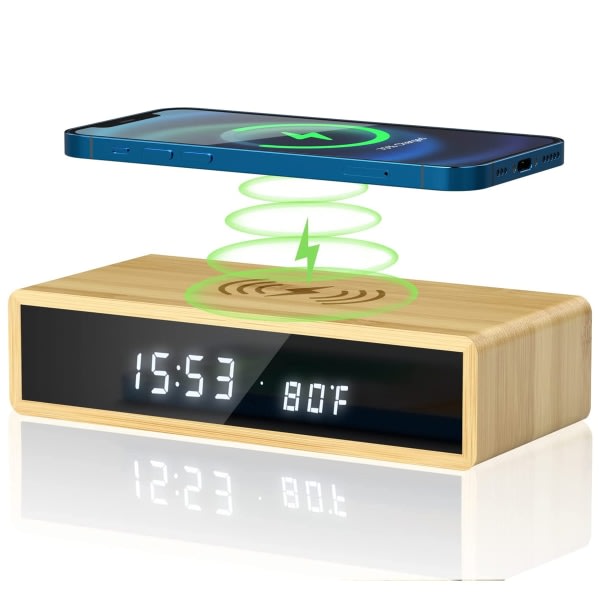 Digital väckarklocka i trä Trådlös laddning, väckarklockor