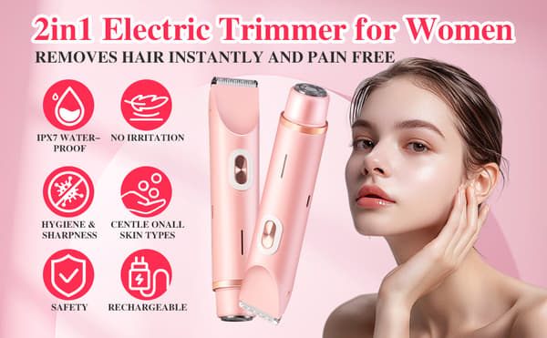 Vanntett Elektrisk Bikini Trimmer for Kvinner, 2-i-1 Design, Rosa, Dobbelthode Blue