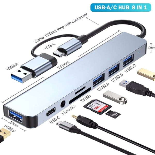 8-i-1-portar USB A Typ C Hub Concentrator Dockningsstation 3 0