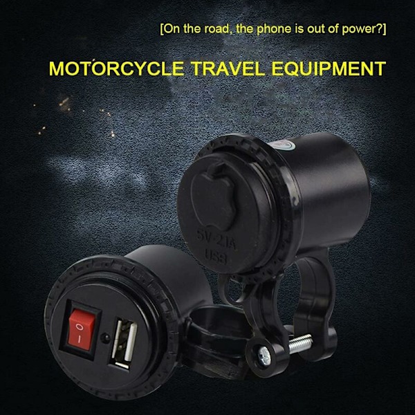 Motorsykkel USB-lader vanntett 5V/2.1A med bryter for styremontering